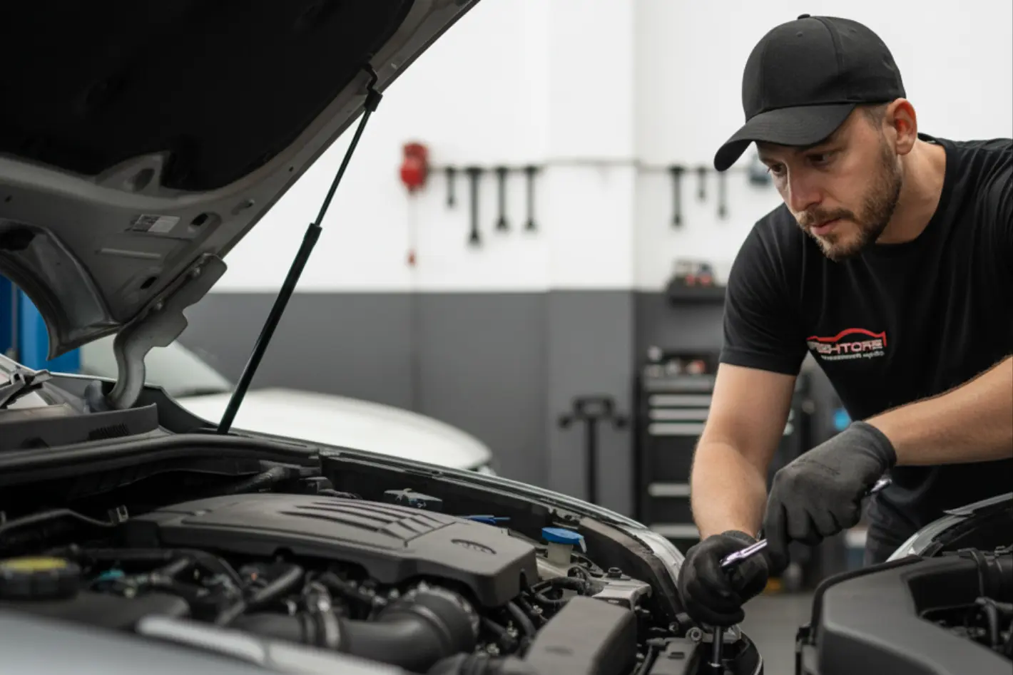 Mecânico da Brothers utilizando ferramenta para diagnóstico no motor de um veículo